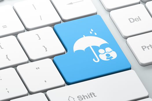 Protection concept: Enter button with Family And Umbrella on computer keyboard background, 3D rendering