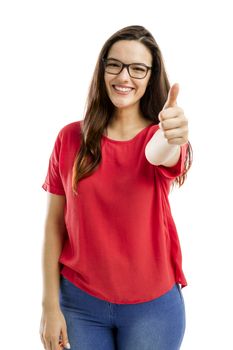 Beautiful and confident woman with thumbs up, isolated over white background 