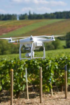 Flying utility drone over wineyard Champagne France