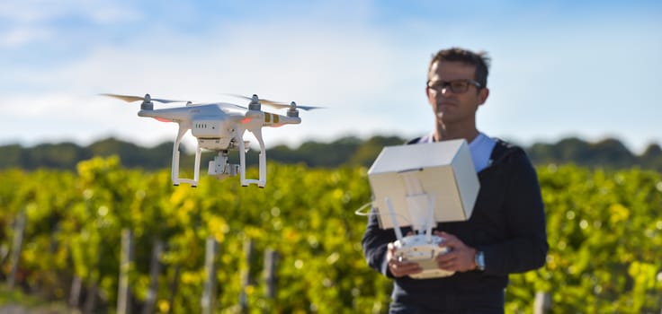 Man flying drone in wineyard, Champagne, France