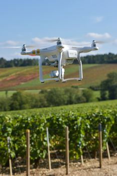 Flying utility drone over wineyard Champagne France