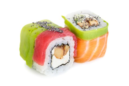 Uramaki maki sushi, two rolls isolated on white. Salmon with philadelphia, shrimp, avocado, eel and poppy seeds