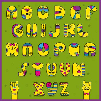 Dandy Alphabet. Funny yellow pink letters.  Illustration
