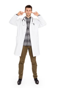 Doctor isolated on white - Hears no evil - Concept for not rocking the boat in medical circles