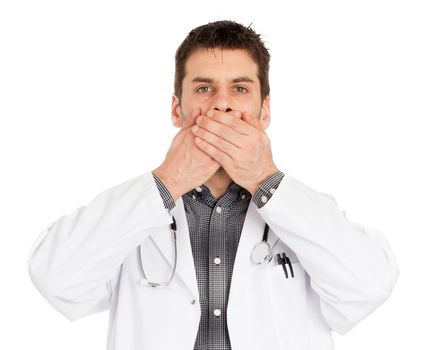 Doctor isolated on white - Speaks no evil - Concept for not rocking the boat in medical circles