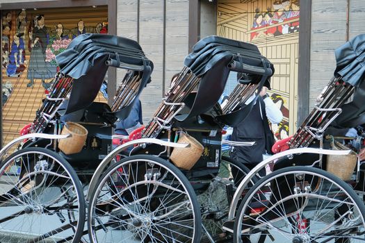 TOKYO, JAPAN - MARCH 29 2016 :rickshaw waiting area near the around Senso-ji Temple in Asakusa on March 29 2016. The Rickshaws are a popular way to tour the city.