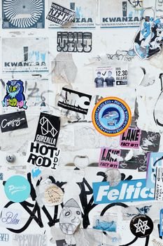 Tokyo, Japan - March29, 2016 : Bumper stickers and graffiti on the street,Harajuku,Tokyo Japan.Harajuku is known as a center of Japanese youth culture and fashion.