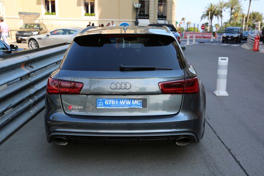 Monte-Carlo, Monaco - May 17, 2016:  Luxury Gray Sport Car Audi RS 6 Quattro (rear view) Parked in Front of the Monte-Carlo Casino in Monaco