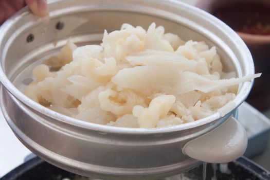 Tripe, sliced ​​and boiled in a pot of hot water.