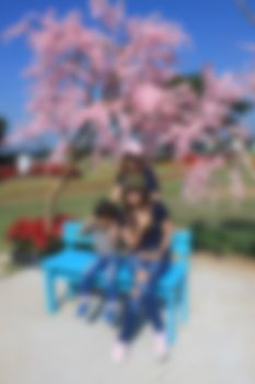 Children and women with cherry trees blurred background.
