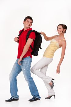 Young man and woman smiling on isolated background