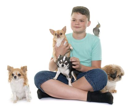 young boy and pet in front of white background