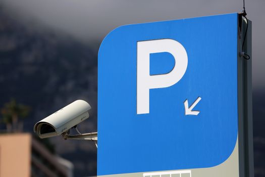 Blue Parking Sign and Surveillance Camera in Monte-Carlo, Monaco