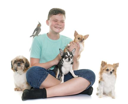 young boy and pet in front of white background