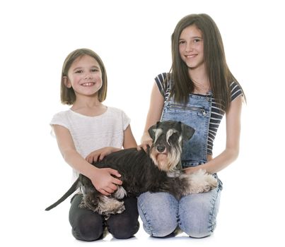 children and miniature schnauzer in studio