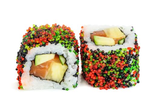 Uramaki maki sushi, two rolls isolated on white. Multi colored tobiko, philadelphia cheese, avocado, salmon and nori