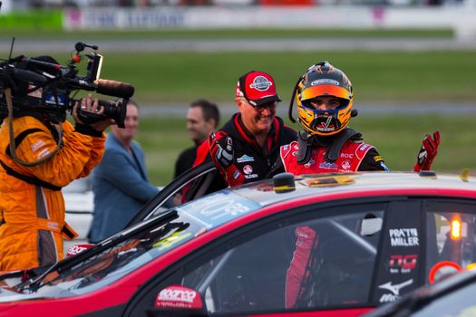 MELBOURNE, WINTON/AUSTRALIA, 22 MAY , 2016: Virgin Australia Supercars Championship  -  Race 10 winner, Tim Slade (Freightliner Racing) elated after hs first win in 8 years.