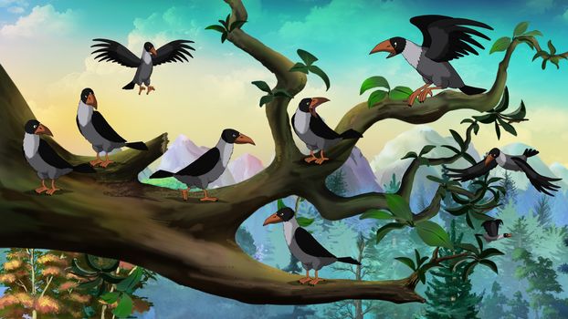 Hooded Crows on the branch.  Digital painting  full color illustration.