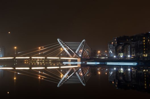 Lazarev bridge night view from the embankment Admiral Lazarev, landmark of St. Petersburg located on the Petrograd side, the bridge across Malaya Nevka