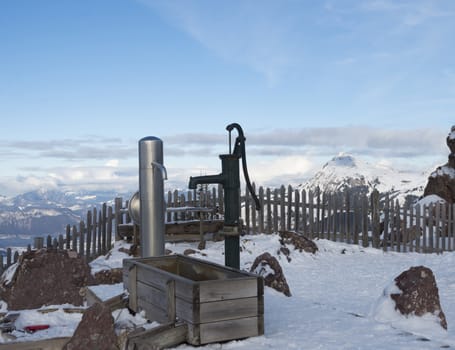 View of the Austrian Alps in the winter at sunset