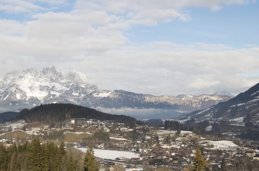 View of the Austrian Alps in the winter at sunset