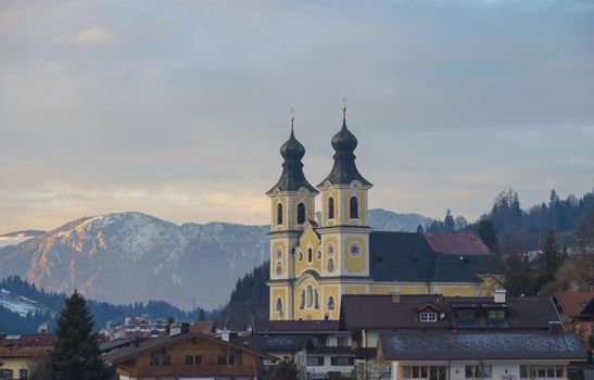 View of the Austrian Alps in the winter at sunset