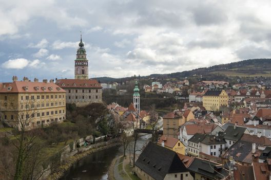 beautiful view of a small European town with red-tiled roofs of Cesky Krumlov