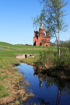River Volga origin. Old Russian abbey near river Volga origin