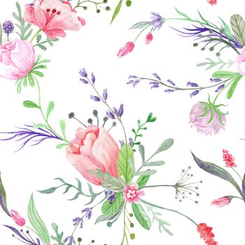 Seamless hand-painted floral texture with shabby chic bouquets on white background for paper and textile design