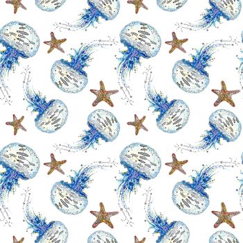 Seamless marine texture with sea animals in sketch style on white background for paper and textile design