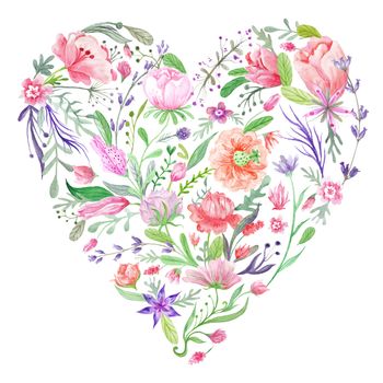 Creative print with painting of meadow flowers - tulips, peony and lavender and forest herbs isolated on white background