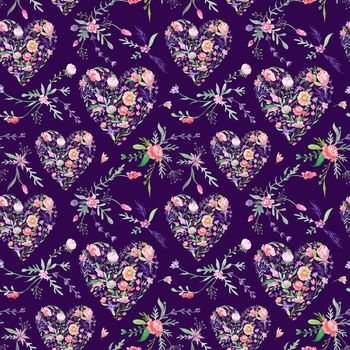 Hand-painted watercolor seamless texture with summer flowers and hearts for paper and textile design
