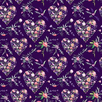 Hand-painted watercolor seamless texture with summer flowers and hearts for paper and textile design