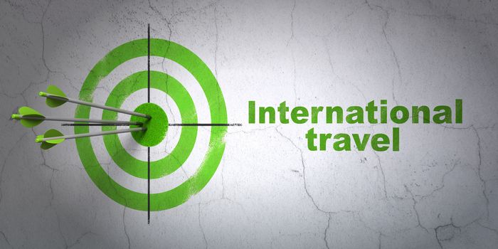 Success travel concept: arrows hitting the center of target, Green International Travel on wall background, 3D rendering