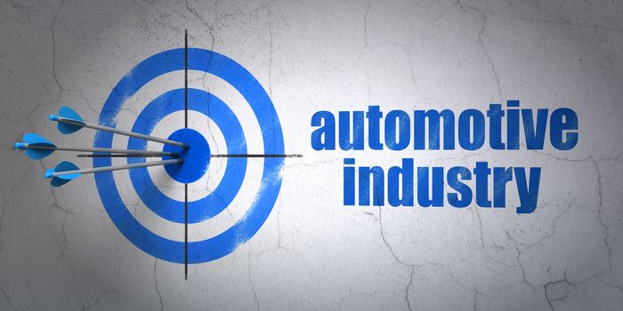 Success Industry concept: arrows hitting the center of target, Blue Automotive Industry on wall background, 3D rendering