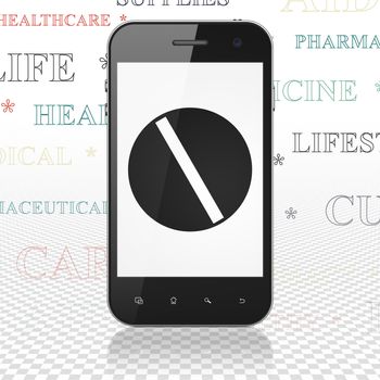 Health concept: Smartphone with  black Pill icon on display,  Tag Cloud background, 3D rendering