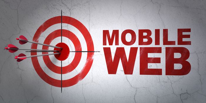 Success web design concept: arrows hitting the center of target, Red Mobile Web on wall background, 3D rendering