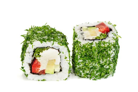 Uramaki vegetable maki sushi with dill, two rolls isolated on white. Letuce, philadelphia cheese, avocado, red bell pepper