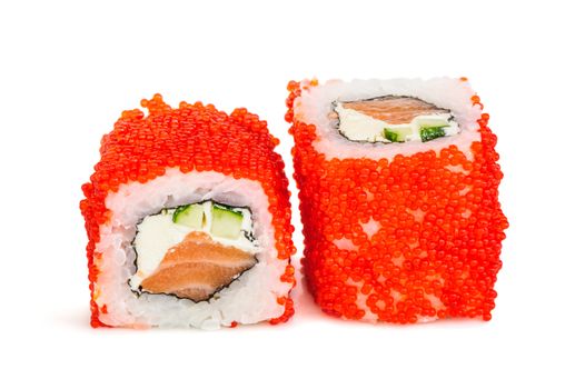 Uramaki maki sushi, two rolls isolated on white. Red tobiko, philadelphia cheese, avocado, salmon and nori