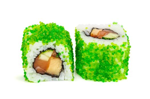 Uramaki maki sushi, two rolls isolated on white. Green tobiko, philadelphia cheese, avocado, eel, salmon and nori