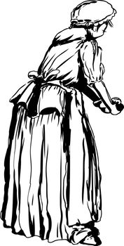 Outline of rear view on single woman in 18th century clothing kneading dough