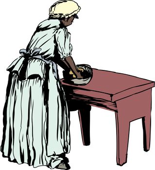 Illustration of single African woman in 18th century clothing kneading dough on table