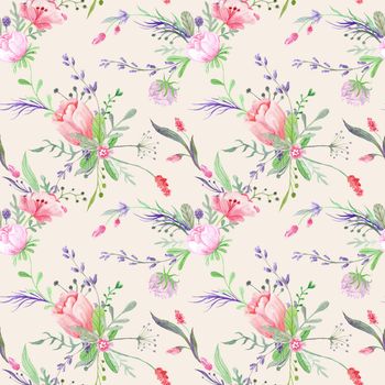 Pastel colored seamless pattern with wild flower bouquets and leaves for shabby chic design on beige background