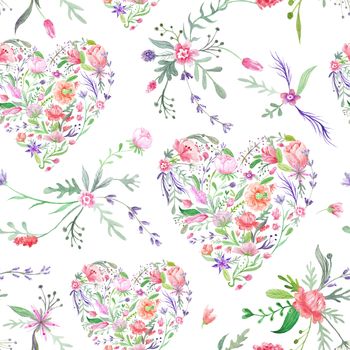 Seamless hand-painted texture with wild meadow flowers and plants on white background for paper and textile design