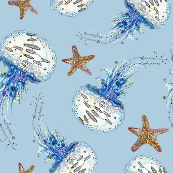Seamless marine texture with sea animals in sketch style on blue background for paper and textile design