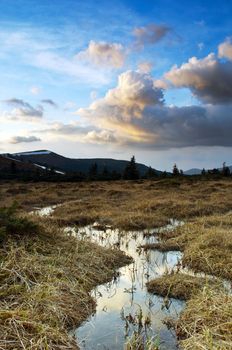 Beauty of Northern nature. Mountain river in spring landscape