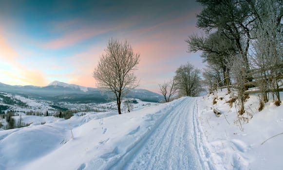 Carpathian mountain valley covered with fresh snow. Majestic landscape. Ukraine, Europe