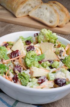 Salad of broccoli, carrots, apples, rice, cranberries and walnuts dressed with yogurt