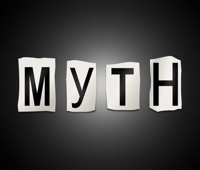 Illustration depicting a set of cut out printed letters arranged to form the word myth.