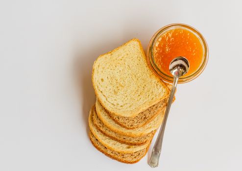 a scale of slices of bread leads  to a jar of jam